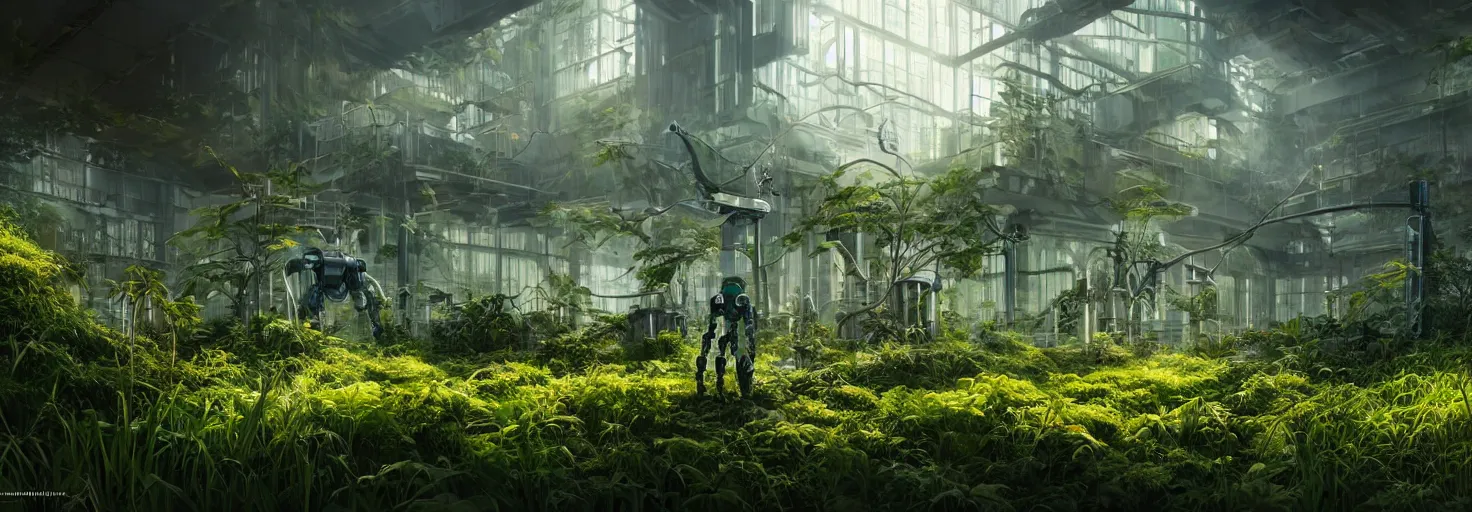 Image similar to brightly sunlit overgrown with plants and abandoned chemistry scientific laboratory from the distant future staffed by one dysfunctional dilapidated multiarmed bipedal robot, science fiction industrial hard science concept art, 8K render octane high definition cgsociety