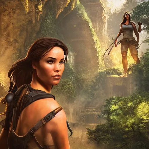 Image similar to lara croft in jungle temple setting, behind her in the background a huge statue of some unknown deity carved in to the face of wall, atmospheric lighting, painted, intricate, volumetric lighting, beautiful, golden hour, sharp focus, ultra detailed, by leesha hannigan, ross tran, thierry doizon, kai carpenter, ignacio fernandez rios