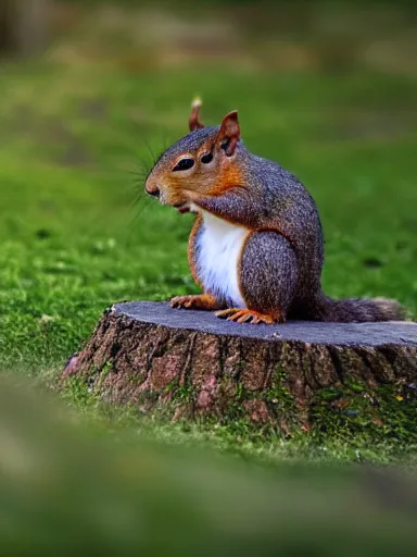 Image similar to a squirrel as king arthur, extremely plump, wearing crown of acorns and dandelions, crown, crown, servant squirrels, king arthur's court, game of thrones, sitting on throne, extreme wide shot, low angle, palace, fantasy art, cinematic lighting, realistic, sony 2 4 mm f 8. 0