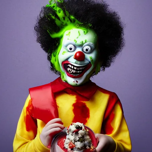 Image similar to color portrait photograph of a zombie Ronald McDonald holding a happy meal covered in slime