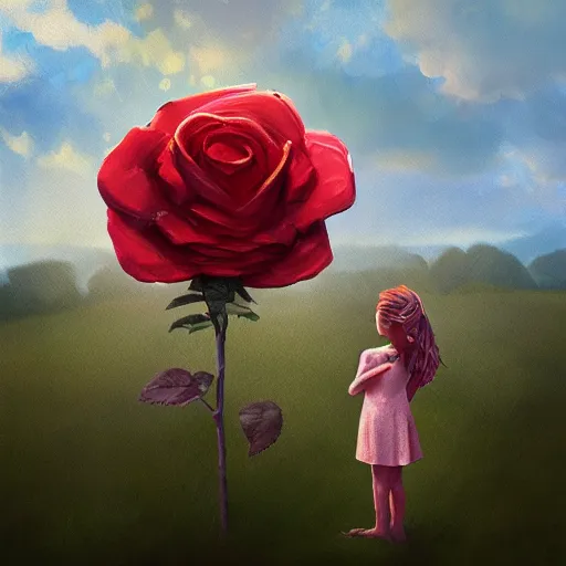 Image similar to closeup, giant rose flower head, frontal, girl in a suit, surreal photography, sunrise, blue sky, dramatic light, impressionist painting, digital painting, artstation, simon stalenhag