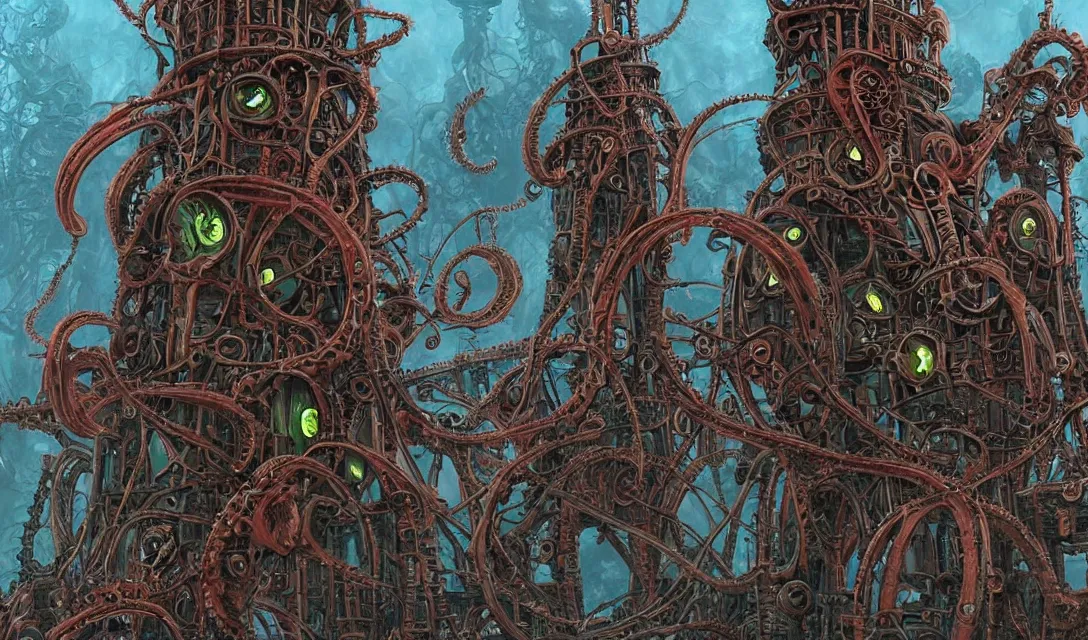 Image similar to lovecraftian biomechanical machine-tower with fleshy tendrils and eyeball at top overlooking dystopian wasteland, highly detailed, colorful with red hues