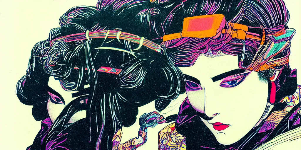 Prompt: a close - up grainy, risograph painting, hyper light drigter, neon colors, a big porcelain glossy geisha head, with long hair, floating above the sharp peaks weapons, style by moebius and kim jung gi