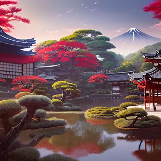 Image similar to old japanese town with garden viewed from harbor, d & d digital painting, ultra realistic, beautiful, volumetric lighting, warm colors advance, cell shading, by james jean, greg rutkowski,