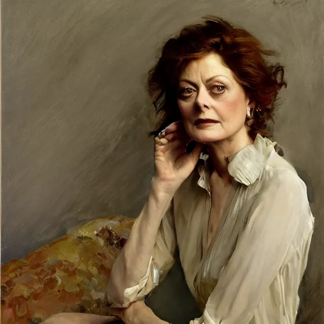 Prompt: a striking portrait of susan sarandon by john singer sargent, norman rockwell, and andrew wyeth, strong brushwork, natural light, color palette of pastels and earth tones
