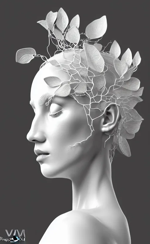 Image similar to complex 3d render of a beautiful porcelain profile woman face, vegetal dragon cyborg, 150 mm, beautiful natural soft light, rim light, silver details, magnolia leaves and stems, roots, fine lace, maze like, mandelbot fractal, anatomical, facial muscles, cable wires, microchip, elegant, highly detailed, white metallic armour, octane render, black and white, H.R. Giger style