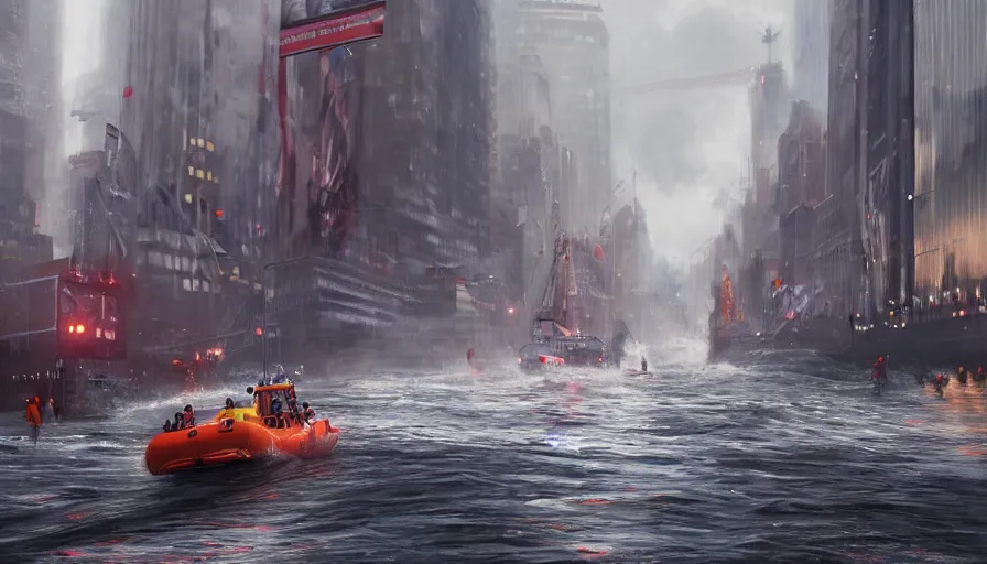 Prompt: rescue boat crossing new york streets after a tsunami, hyperdetailed, artstation, cgsociety, 8 k