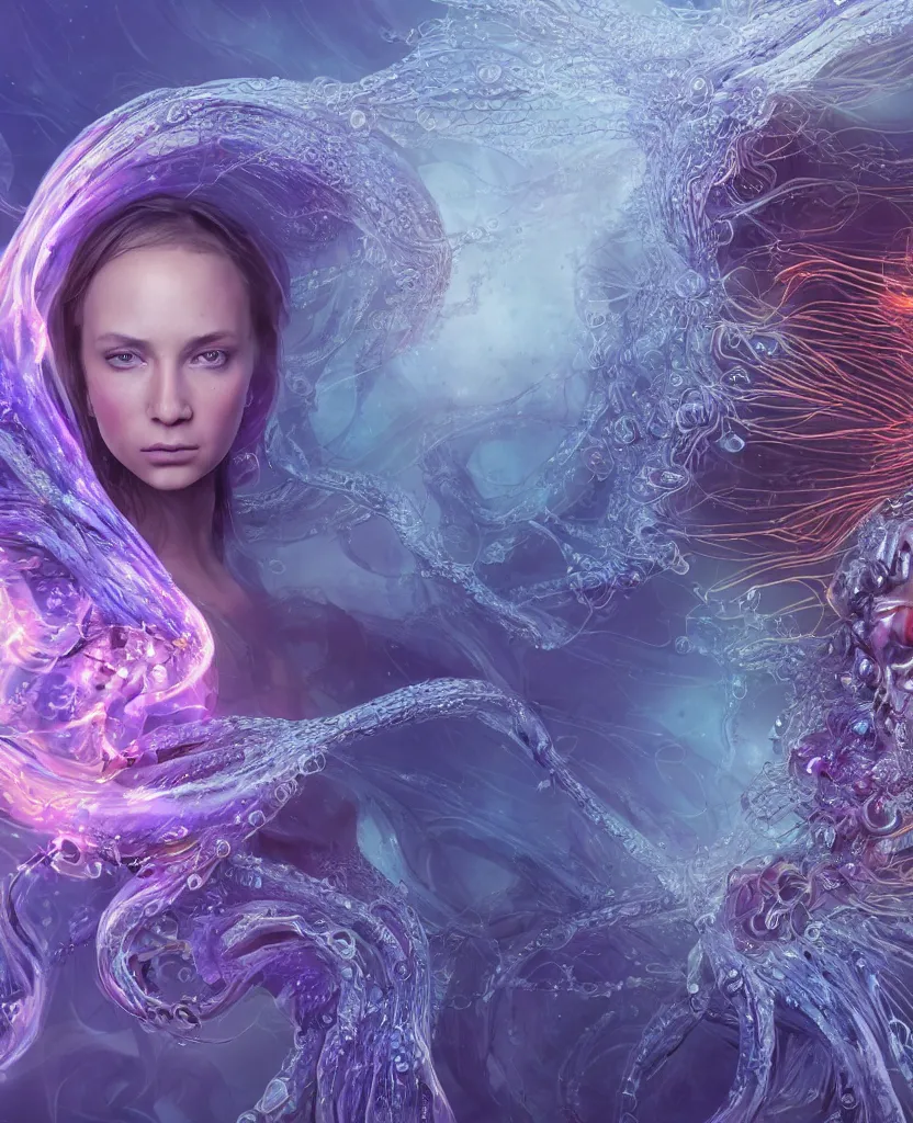 Image similar to close-up macro portrait of the face of a beautiful princess, epic angle and pose, symmetrical artwork, 3d with depth of field, blurred background, cybernetic jellyfish female face skull phoenix bird, translucent, nautilus, energy flows of water and fire. a highly detailed epic cinematic concept art CG render. made in Maya, Blender and Photoshop, octane render, excellent composition, cinematic dystopian brutalist atmosphere, dynamic dramatic cinematic lighting, aesthetic, very inspirational, arthouse. y Greg Rutkowski, Ilya Kuvshinov, WLOP, Stanley Artgerm Lau, Ruan Jia and Fenghua Zhong