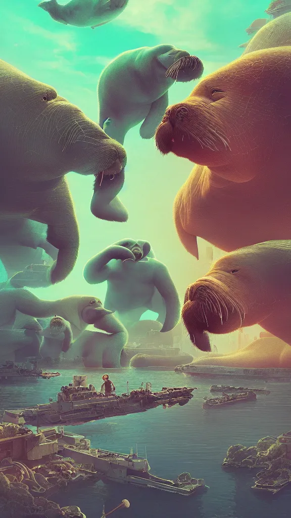 Image similar to a war between 1000s of Obama Hulks and One Epic Walrus by Beeple, 4K