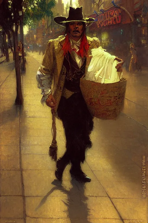 Prompt: honduran immigrant, dressed as a magician. christopher street, nyc, realistic painting by gaston bussiere, craig mullins, greg rutkowski, alphonse mucha