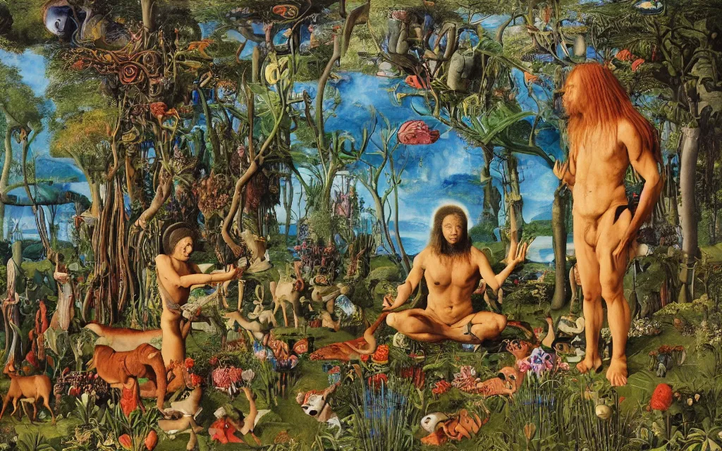 Image similar to photograph of a meditating centaur shaman and a striped werewolf feeding animals. surrounded by bulbous flowers, coral, animals and a few trees. river delta with cliffs under a blue sky of burning stars. painted by jan van eyck, max ernst, ernst haeckel, ernst fuchs and artgerm. trending on artstation, trending on cgsociety