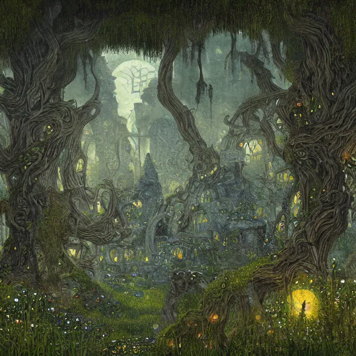 Image similar to ancient overgrown! ruins lit by moonlight!, twilight, medieval gates, runestones, beautiful lanters, mysetrious etherial mesmerizing runic!! cat eyes, magical elven geometry, concept art by gustav klimt!, deviantart contest winner, environmental art, high detail, intricate masterpiece