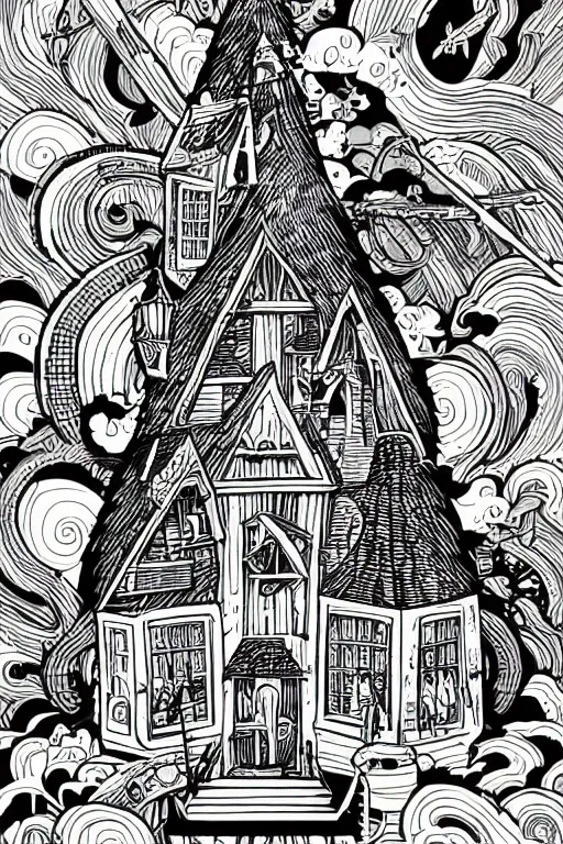 Image similar to mcbess illustration of a magical, mystical wizards house full of potions, rainbow gouache