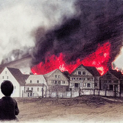 Image similar to young girl watching an old victorian house burning, the background burning houses, destroyed churches, and red ribbons fly into the black sky