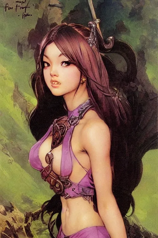 Image similar to a portrait of a cute fantasy girl, looks like lisa from blackpink, by frank frazetta, larry elmore, jeff easley and ross tran