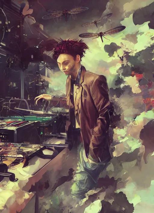 Image similar to surreal gouache painting, by yoshitaka amano, by ruan jia, by Conrad roset, by good smile company, detailed anime 3d render of a magical Dragonfly flying on a DJ Mixer, deck, mpc, portrait, cgsociety, artstation, rococo mechanical and electronic, dieselpunk atmosphere