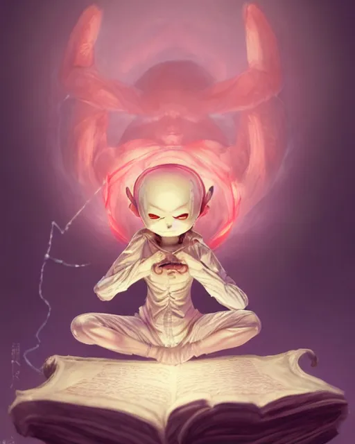 Prompt: a tiny cute demon meditating, wrapped in sacred parchment with glowing text, smooth, intricate, elegant, digital painting, artstation, power runes, pulsing energy, concept art, sharp focus, octane render, illustration, art by shintaro kago and james jean, overwatch character,
