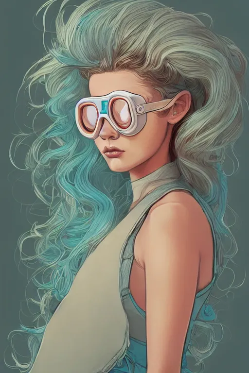 Image similar to portrait painting of a teenage girl with swept back wild aquamarine hair, fashionable, windy, goggles, sharp focus, award - winning, trending on artstation, masterpiece, highly detailed, intricate. art by josan gonzales and moebius and deathburger