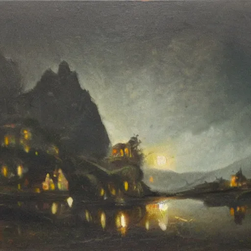 Image similar to a lamplit village on the coast of a lake, deep underground oil on canvas