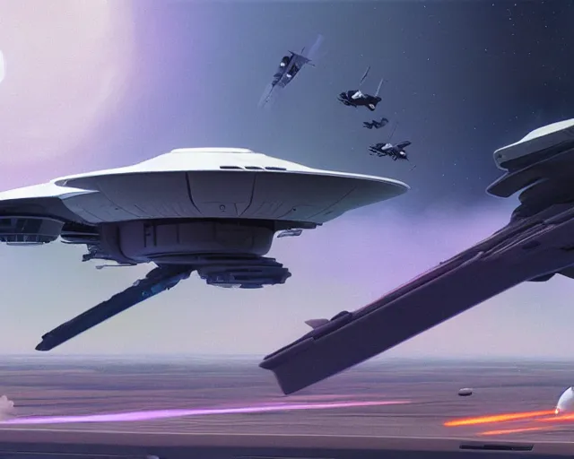 Prompt: spaceship battle by ralph mcquarrie and beeple, trending on artstation
