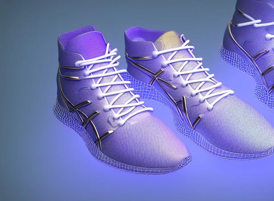 Prompt: realistic 3 d render of a futuristic sneaker, beautiful studio lighting, soft, sharp focus, neon glowing lines, intricate detail, purple and blue leather, soft white rubber, shiny plastic, hexagon mesh, gold filigree, octane render, side view, close up, trending on artstation, deviantart, asics, salomon