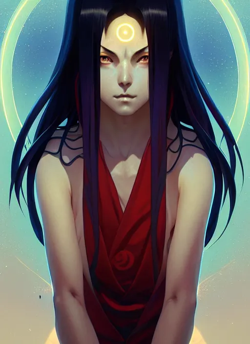 Image similar to symmetry!! itachi, glowing lights!! intricate, elegant, highly detailed, digital painting, artstation, concept art, smooth, sharp focus, illustration, art by artgerm and greg rutkowski and alphonse mucha