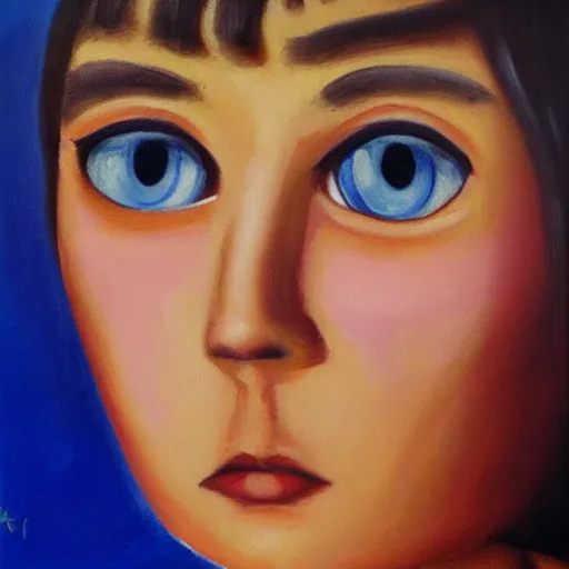 Image similar to taco girl with sad eyes. oil on canvas painting by margaret keane.