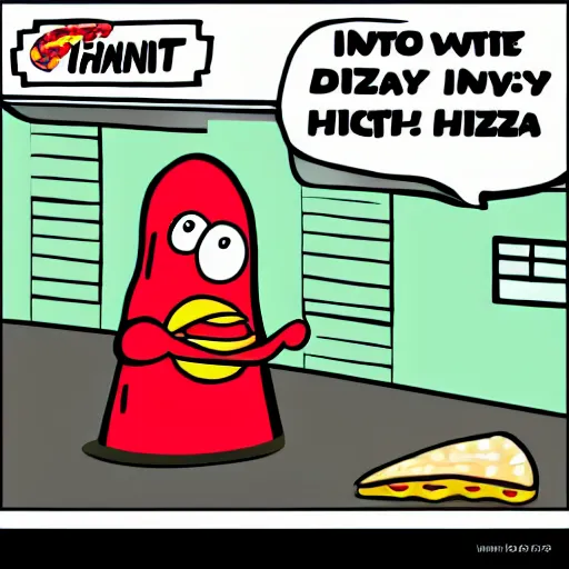 Image similar to sentient pizza rebelling against pizza hut, cartoon, high quality