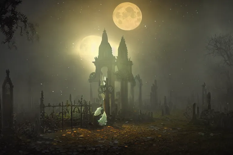 Image similar to an ultra detailed animation of a ghost in a graveyard at midnight on halloween, digital art, dark fantasy, concept art, soulslike, by alphonse mucha, blood moon eclipse, ruined building in the background, artstation, 8 k, unreal engine render