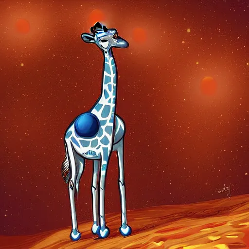 Image similar to giraffe dressed as an astronaut on mars looking for mushrooms digital art