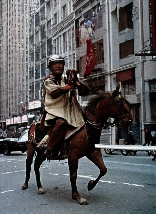 Image similar to a 35mm photograph of Genghis Khan riding a horse down a New York city street in the 1960's, bokeh, Canon 50mm, cinematic lighting, photography, retro, film, Kodachrome