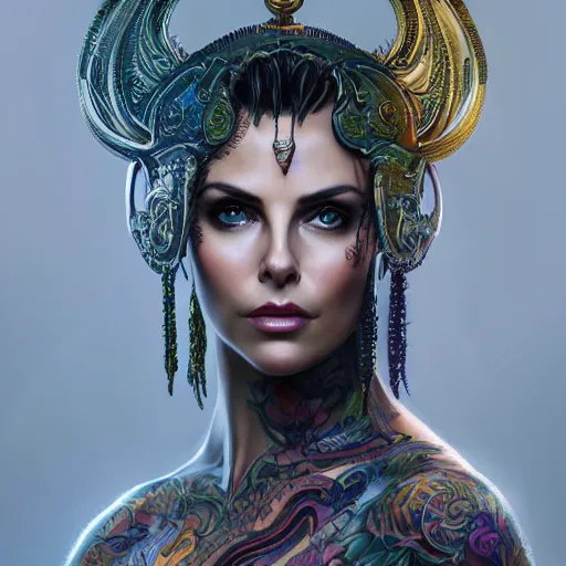 Prompt: an attractive young tattooed female with piercings wearing an rainbow ornate metallic helmet, charlize theron, olive skin, long dark hair, beautiful bone structure, intricate, elegant, highly detailed, digital painting, artstation, concept art, smooth, sharp focus, illustration, art by artgerm and greg rutkowski and alphonse mucha