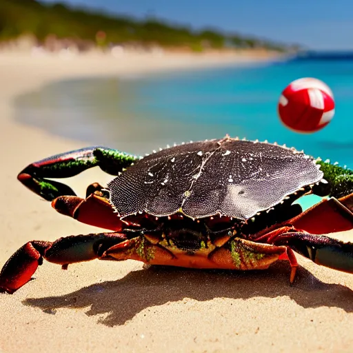 Image similar to a crab and a lizard playing volleyball on a beach while C++ drowns in the sea