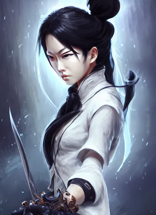 Prompt: a highly detailed illustration of fierce messy ponytail black haired one eyed japanese woman wearing long white coat, wearing eyepatch, dramatic wielding paper sword pose, intricate, elegant, highly detailed, centered, digital painting, artstation, concept art, smooth, sharp focus, league of legends concept art, wlop.