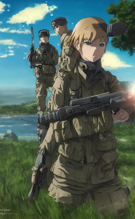 Prompt: girl, trading card front, soldier clothing, combat gear, realistic anatomy, concept art, professional, by ufotable studio, green screen, volumetric lights, stunning, military camp in the background, hayao miyazaki, anime studio mappa