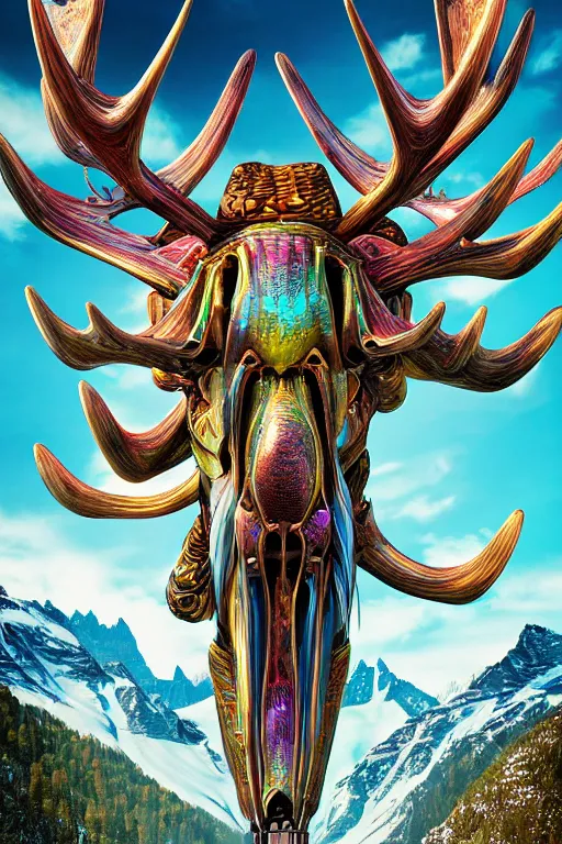 Prompt: detailed nacreous hard shell alien biomechanical moose mecha in a picturesque mountain meadow in the french alps. mathias kollros mark winters villeneuve lie setiawan lius lasahido manuel castanon. portrait vivid intricate vibrant elaborate inks unreal engine render.