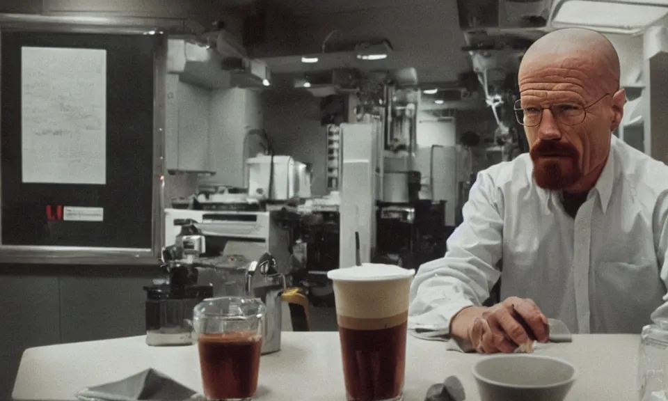 Prompt: 3 5 mm film still, walter white having a coffee break in space