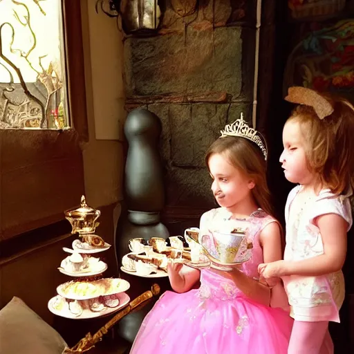 Image similar to A beautiful young little princess and a regal ancient dragon have a tea party