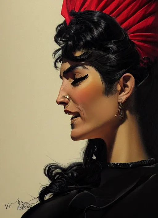 Image similar to portrait of a hispanic woman with a crooked nose and a confident expression, 1 9 6 0 s, black clothes, punk, funk, intricate, elegant, highly detailed, digital painting, artstation, concept art, smooth, sharp focus, illustration, art by wlop, mars ravelo and greg rutkowski