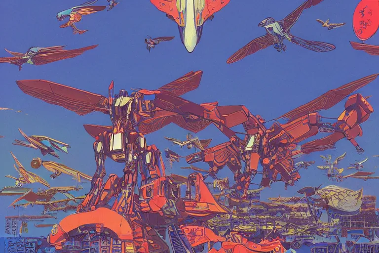 Image similar to gigantic mecha arzach birds with dragonflies, tiny rats, a lot of exotic animals around, big human faces everywhere, helicopters and tremendous birds, risograph drawing by satoshi kon and moebius, matte summer blue colors, surreal psychedelic design, 4 k