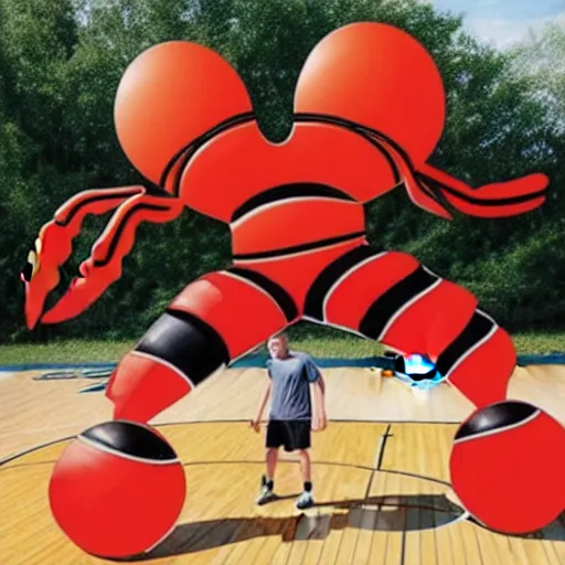 Prompt: giant human lobster playing basketball