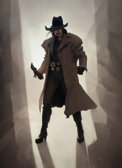 Image similar to a Photorealistic dramatic hyperrealistic render of a male cyborg dressed as a cowboy weaing a long black coat with a black cowboy hat, brilliant white eyes, short white hair,by WLOP,Artgerm,Greg Rutkowski,Alphonse Mucha, Beautiful dynamic dramatic dark moody lighting,shadows,cinematic atmosphere,Artstation,concept design art,Octane render,8K