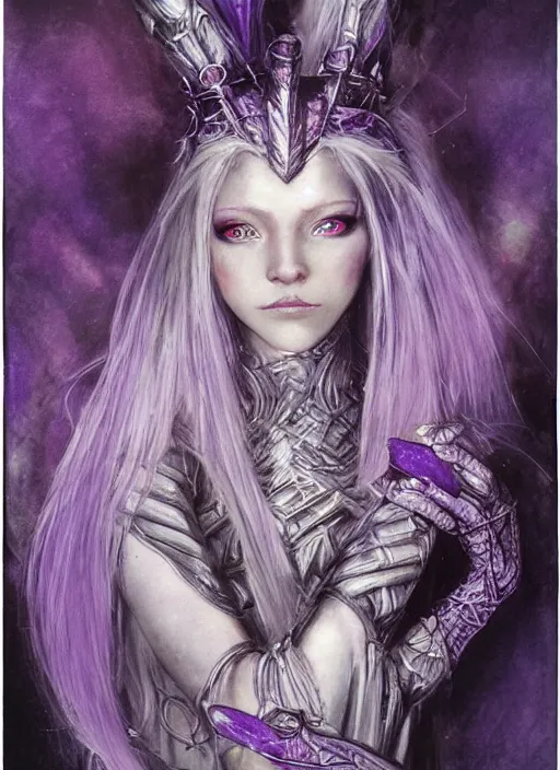 Image similar to portrait of young female sorceress of the endtimes, transluscent skin, silver filigreed armor, lavender hair, beautiful! coherent! dungeons and dragons character, by brian froud, strong line, cool night color, high contrast