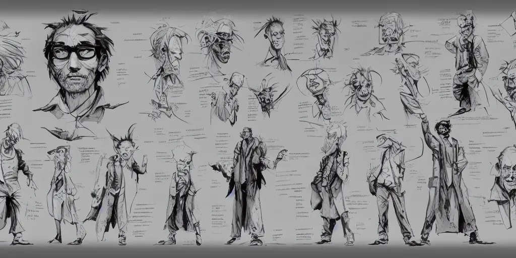 Image similar to a mad scientist, character sheet, concept design, contrast, kim jung gi, greg rutkowski, zabrocki, karlkka, jayison devadas, trending on artstation, 8 k, ultra wide angle, pincushion lens effect