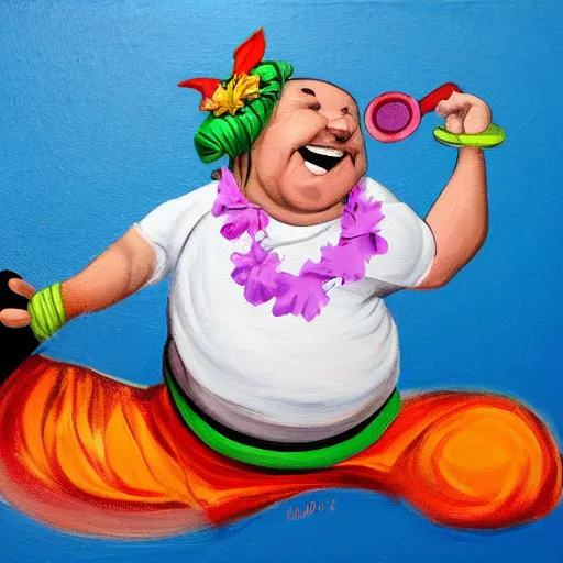 Prompt: happy fat man in a hawaiian shirt and roller skates, painting