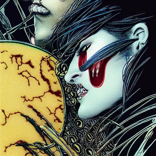 Image similar to closeup of vampire kiss, by yoichi hatakenaka, masamune shirow, josan gonzales and dan mumford, ayami kojima, takato yamamoto, karol bak