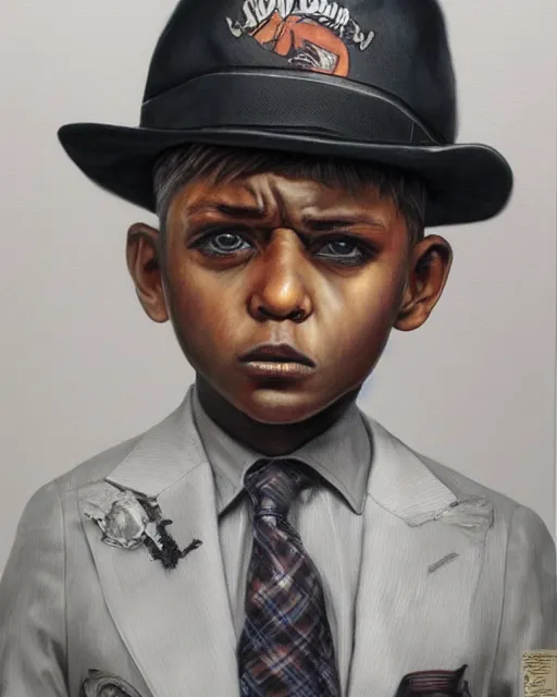 Prompt: portrait of a 7 year old child gang leader, gritty, wearing a suit, smoking, criminal, very detailed eyes, hyperrealistic, very detailed painting by Glenn Fabry, by Joao Ruas, by Artgerm