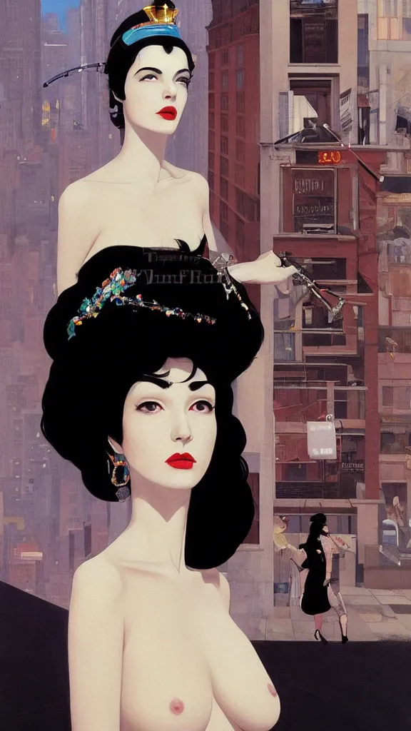 Image similar to a tall and beautiful pale woman with very black hair with a crown on her head walk in the streets of new york circa 1 9 8 4 edward hopper and james gilleard, surreal, open ceiling, highly detailed, airbrush, ilya kuvshinov, wlop, stanley artgerm, very coherent, art by takato yamamoto and james jean