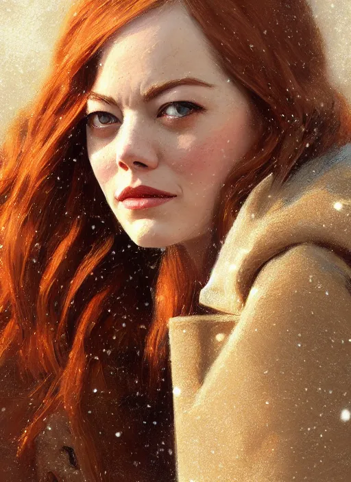 Image similar to emma stone in beige coat, close up face, winter new york, snow, artwork by gaston bussiere, craig mullins, trending on artstation