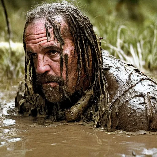 Prompt: film still of bill goldberg as major dutch, covered in mud and hiding from the predator predator predator in swamp scene in 1 9 8 7 movie predator, hd, 4 k